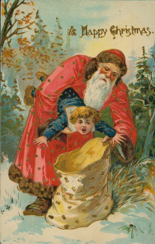 Victorian Christmas card with Santa putting a child into a sack