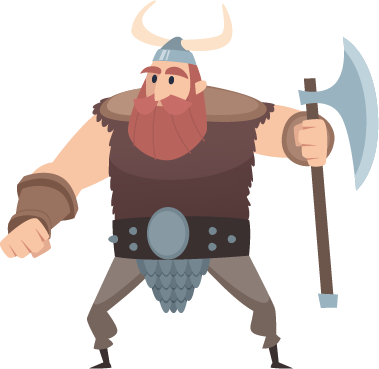 an illustration of an inauthentic viking warrior with an axe and horned helmets