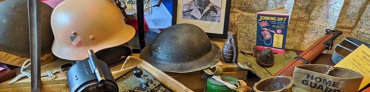 A WWII display full of artefacts during a WWII workshop in a school