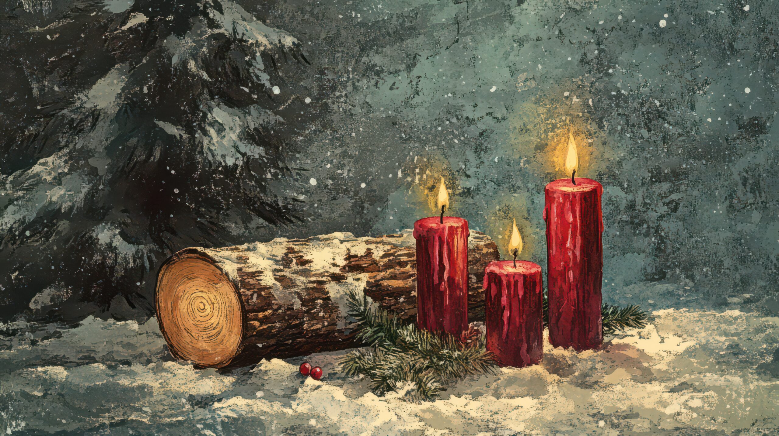 An image of a log and some red candles laying on a snowy ground with a fir tree in the background